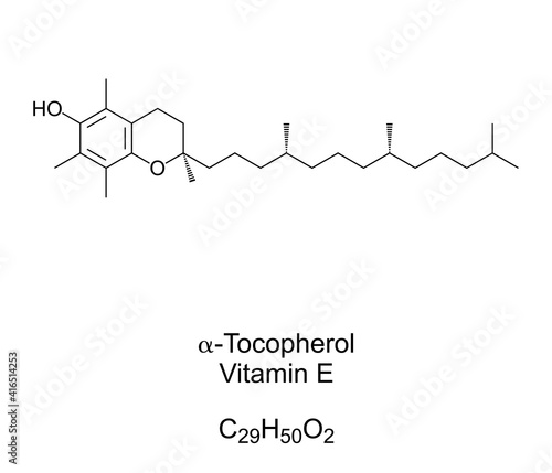 alpha-Tocopherol, Vitamin E chemical formula and skeletal structure. A type of vitamin E preferentially absorbed and accumulated in humans. Food additive E307, dietary supplement. Illustration. Vector
