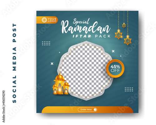 Special food menu restaurant ramadan kareem iftar for social media post template with stars and lantern decoration