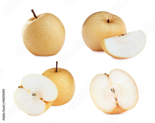Set with fresh ripe apple pears on white background