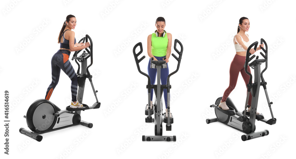 Woman using modern elliptical machine on white background, collage. Banner design Woman using modern elliptical machine on white background, collage. Banner design