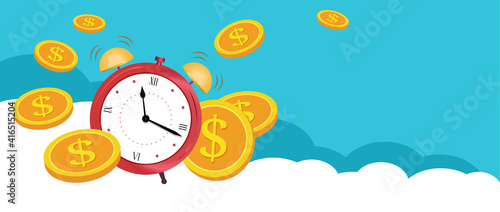 Banner concept Time is money, on blue clouds. Business and finance management, mutual fund, annual payment, make money, income growth, Flat style vector illustration.