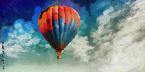 Hot air balloon in the sky. Artistic work on the theme of travel
