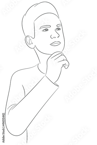 Sketch portrait of a guy who, putting his hand on his chin, looks up thinking about something