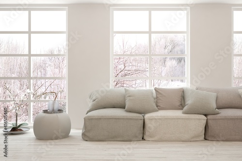 White living room with sofa and winter landscape in window. Scandinavian interior design. 3D illustration