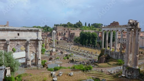 Roman forum general plan. Ruins of Ancient Rome: Template of Saturn photo