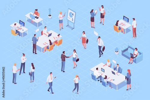 Isomeric office people vector set. Office life. Business people, Teamwork. Vector characters isolated on background..