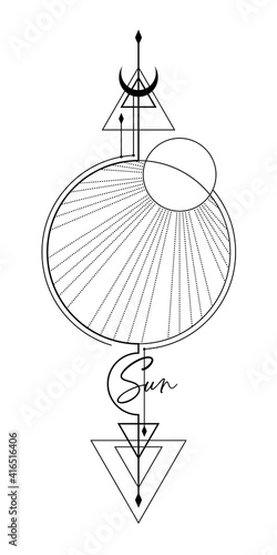 Blackwork tattoo with sun, moon, triangles with sacred geometry tattoo design, mystic symbol. New school dotwork, line art minimalist style tattoo. Boho design. Print, posters, t-shirts and textiles.