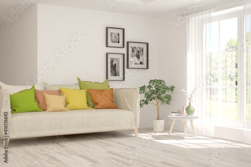 White living room with sofa. Scandinavian interior design. 3D illustration