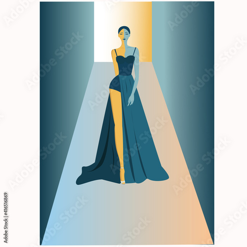 A model girl is going on a ranway during the fashion show