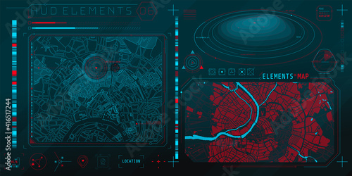 A set of HUD maps elements for a futuristic interface.