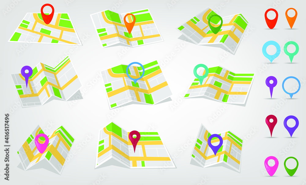 Location signs in different colors with a map. Geolocation with location icons on the map. Travel signs. Vector illustration