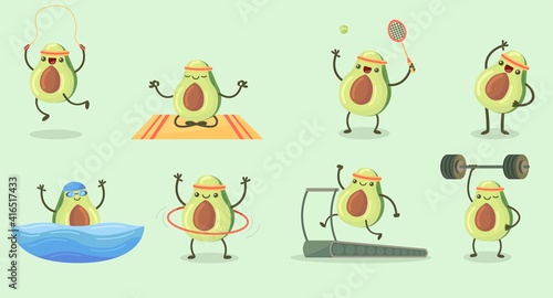 Happy cute avocado exercising flat set for web design. Cartoon avocado fruit character in gym isolated vector illustration collection. Fitness workout and sport activity concept