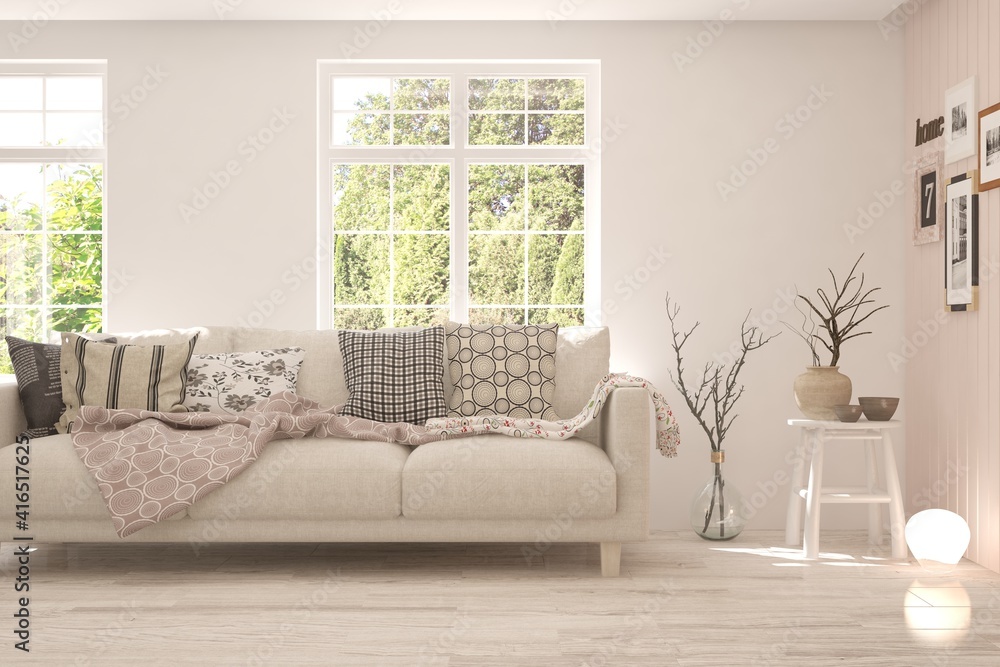 White living room with sofa and summer landscape in window. Scandinavian interior design. 3D illustration White living room with sofa and summer landscape in window. Scandinavian interior design. 3D illustration