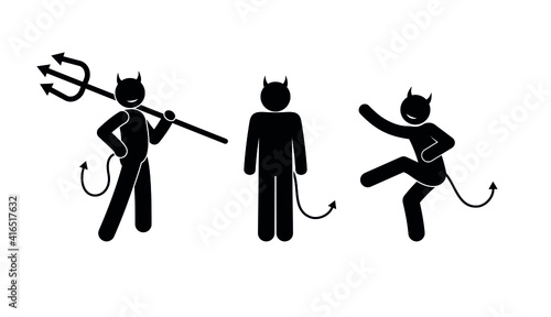set of devil illustrations, horned demon icon with trident, isolated stick figure pictogram, stickman on white background in various poses