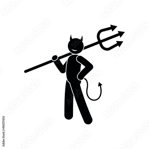 funny devil caricature, horned demon icon with trident, stick figure pictogram isolated, stickman on white background