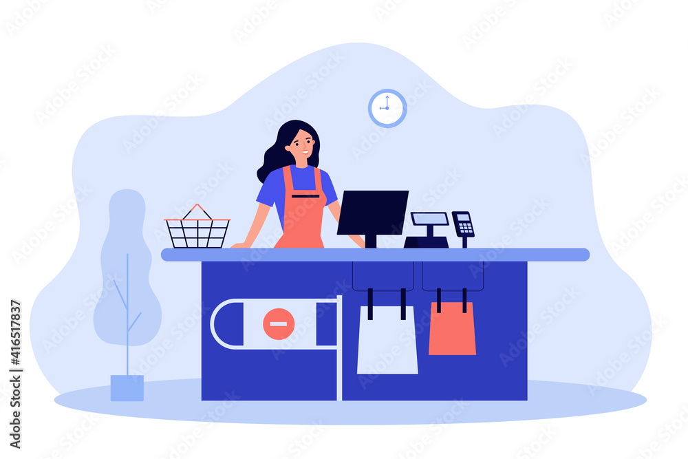 Supermarket female cashier working at checkout. Cash register worker standing at counter, waiting customers. Vector illustration for shopping, job, buying food concept - obrazy, fototapety, plakaty 