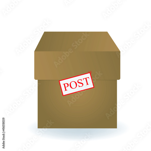 Postal box. Packaging. Parcel isolated on white background. Cardboard box with inscription post. Cargo sticker.