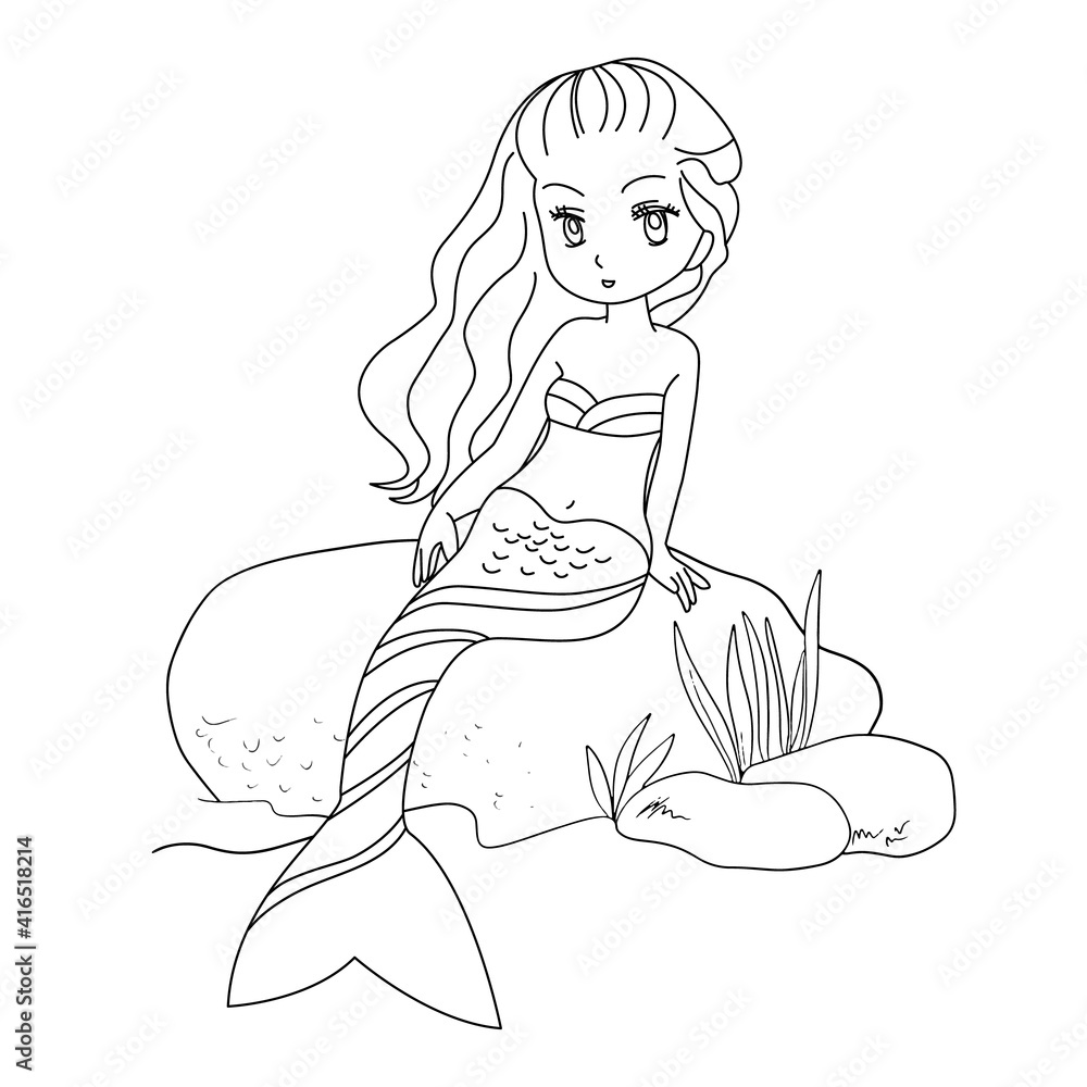 Plakat Cute line art colouring page for kids, mermaid sitting on the rock.