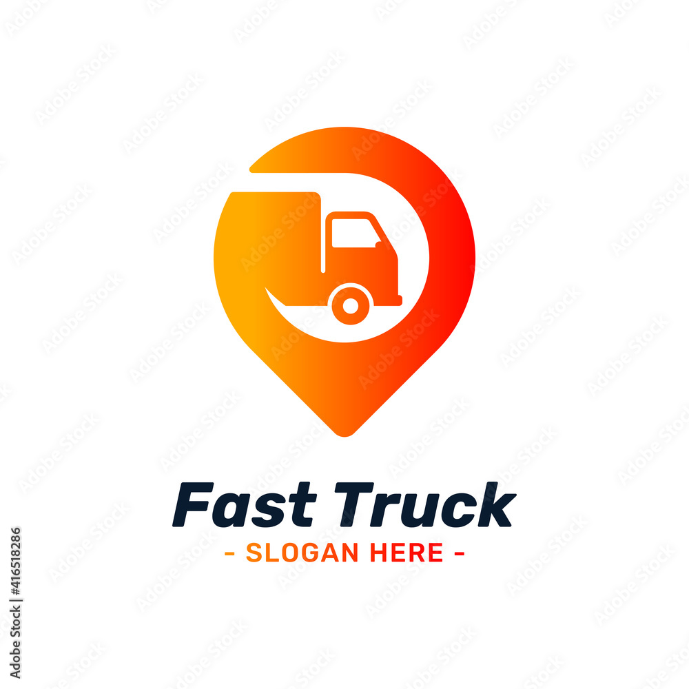 Fast truck location logo design template. Combined with speed symbol and gps map point icon. Concept of supply, distribution, logistics, express, freight, moving, shipping, etc. Fast truck location logo design template. Combined with speed symbol and gps map point icon. Concept of supply, distribution, logistics, express, freight, moving, shipping, etc.