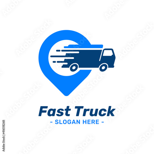 Fast truck location logo design template. Combined with speed symbol and gps map point icon. Concept of supply, distribution, logistics, express, freight, moving, shipping, etc.