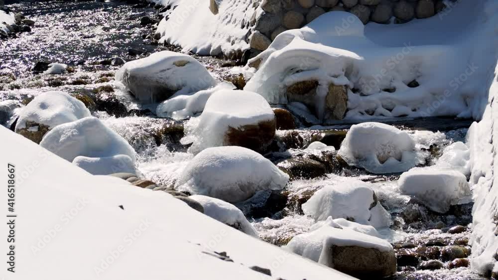 冬、雪が降った後の川の流れ 冬、雪が降った後の川の流れ