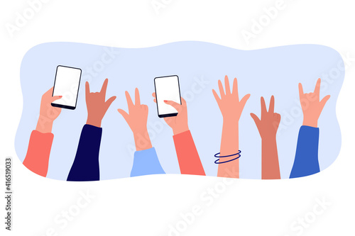 Hands of people enjoying concert or show at party, holding mobile phones, making rock or peace finger gestures. Vector illustration for fun, entertainment, photo, audience concept