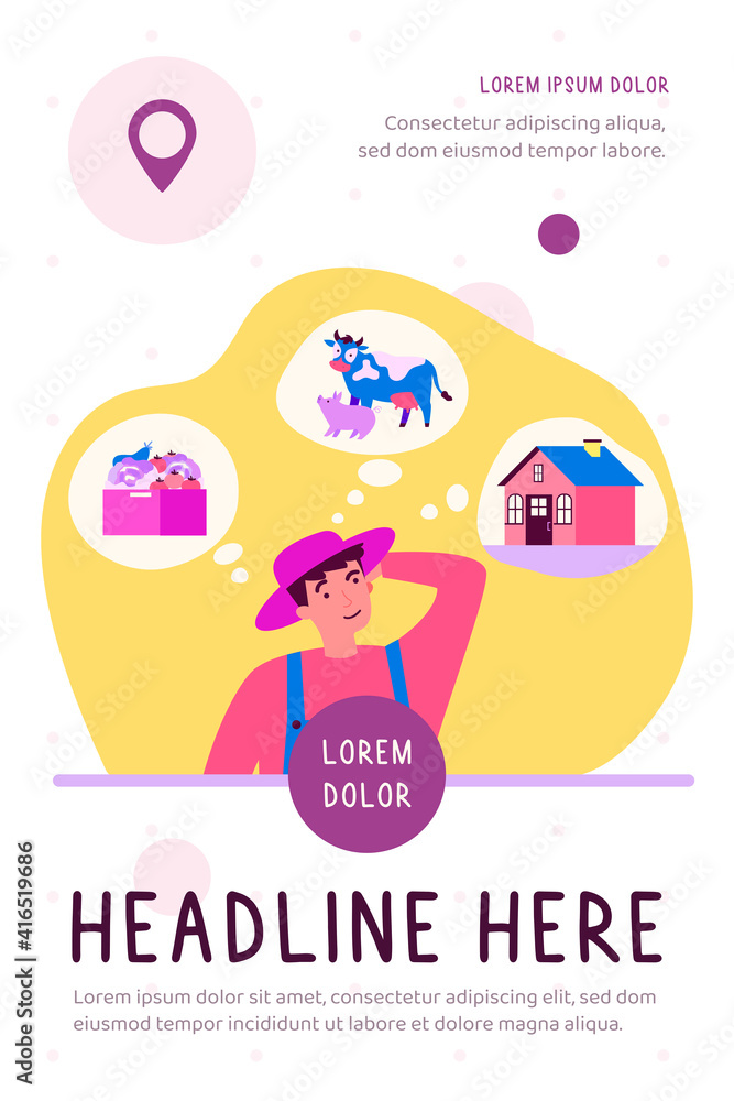 Fototapeta premium Farmer choosing between agriculture, cattle breeding and house. Thinking, choice flat vector illustration. Decision making concept for banner, website design or landing web page