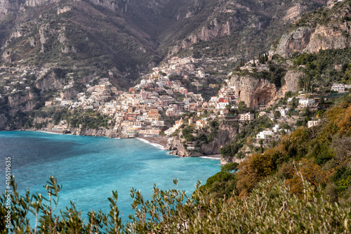 View of Positano cityscape and coastline