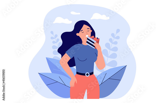 Hungry woman enjoying eating slice of chocolate cake. Lady suffering from sweet food addiction or eating disorder. Vector illustration for gluttony, bakery, dessert concept