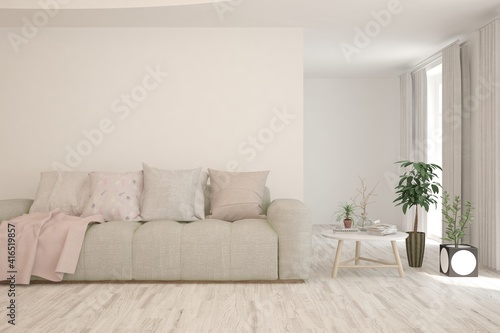 White living room with sofa. Scandinavian interior design. 3D illustration