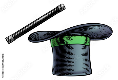 A magic wand and magician top hat drawing in a vintage retro woodcut etching style.