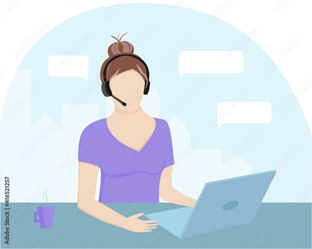 Concept illustration for support, client assistance, call center, customer service. Caucasian woman with headphones and microphone - employee, worker - with laptop and cup of coffee, made in vector. Concept illustration for support, client assistance, call center, customer service. Caucasian woman with headphones and microphone - employee, worker - with laptop and cup of coffee, made in vector.