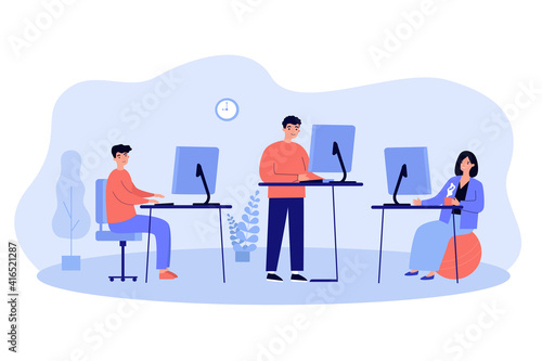 Ergonomic workplaces vector illustration. Office employees using computers while standing at desk or sitting on fitness ball. Contemporary workspace and furniture concept