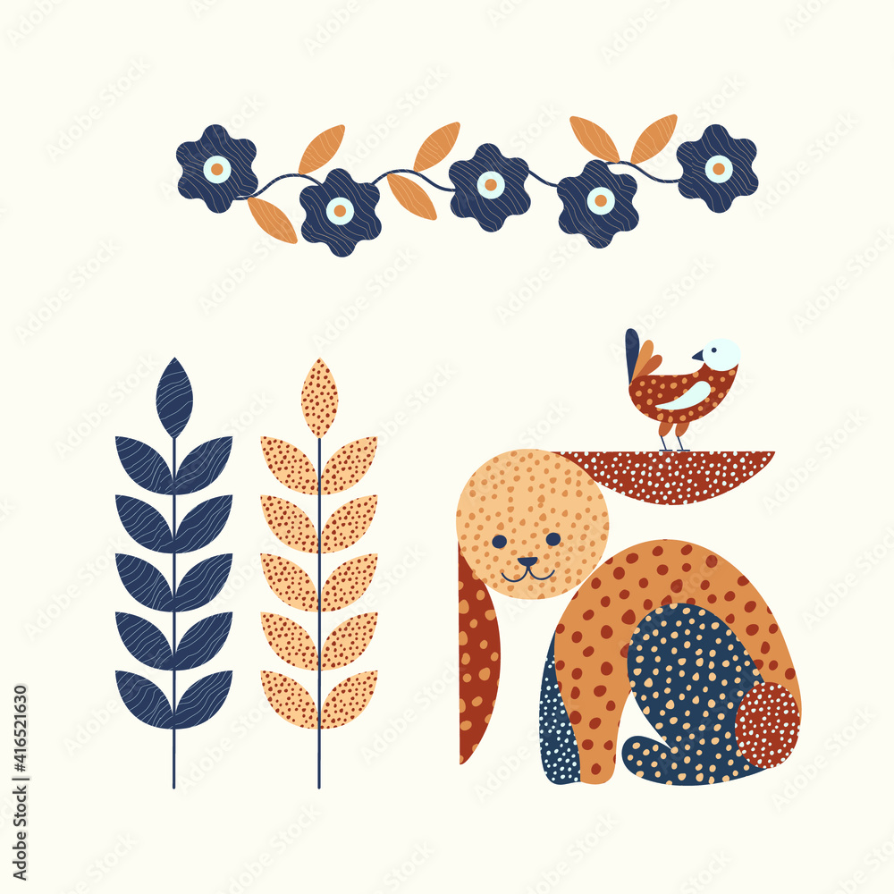 Nature pattern, gardening. Hares, flowers, texture drawing on a white background, folk art, hand drawn, packaging, wallpaper, design for textiles, postcard, concept, clipart, vector illustration. Nature pattern, gardening. Hares, flowers, texture drawing on a white background, folk art, hand drawn, packaging, wallpaper, design for textiles, postcard, concept, clipart, vector illustration.
