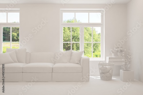 White living room with sofa and summer landscape in window. Scandinavian interior design. 3D illustration