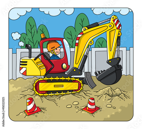 Funny excavator with a driver. Vector cartoon