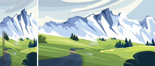 Road to snowy mountain. Set of beautiful non-urban scenes in vertical and horizontal orientation.