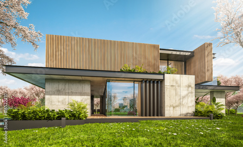 3d rendering of modern cozy house with parking and pool for sale or rent with wood plank facade and beautiful landscaping. Fresh spring day with a blooming trees with flowers of sakura on background