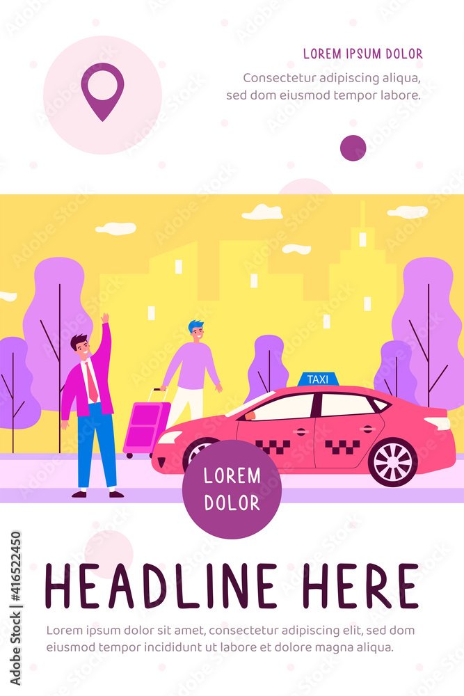 Naklejka premium Happy businessman taking taxy. Luggage, cab, transport to airport flat vector illustration. City traffic, travel, transportation concept for banner, website design or landing web page
