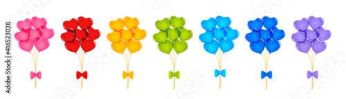 Set of bundles of balloons isolated on white - bunch of colored heart balloons - elements for Birthday and romantic design
