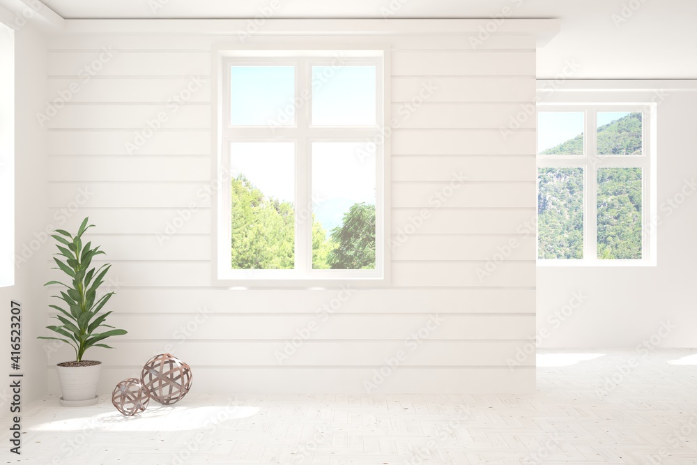 Fototapeta premium White empty room with summer landscape in window. Scandinavian interior design. 3D illustration