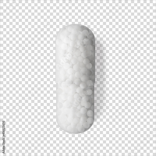 Transparent capsule pill with sphere granules isolated 3d realistic vector illustration, close-up. Medical and health care concept, above. Pharmaceutical medicine. Supplements pill and probiotics.