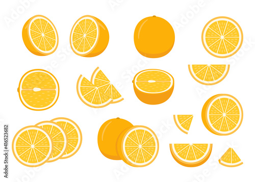 Set of ripe orange - whole, cut half, piece and slice chopped of orange. Fresh sour citrus fruit with vitamins. Vector illustration isolated on white background