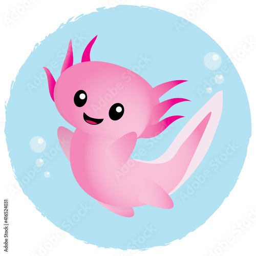 Cute pink cartoon axolotl in water bubble