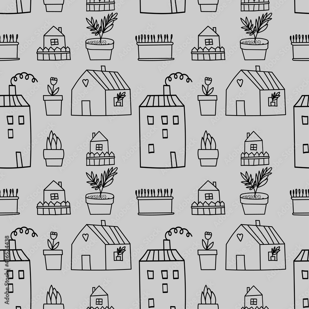 Cute hand-drawn vector seamless pattern with houses and potted house flowers on a gray background