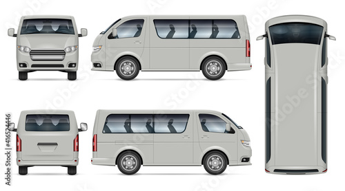 Minibus vector mockup. Isolated template of minivan on white for vehicle branding, corporate identity. View from side, front, back, top. All elements in the groups on separate layers for easy editing 