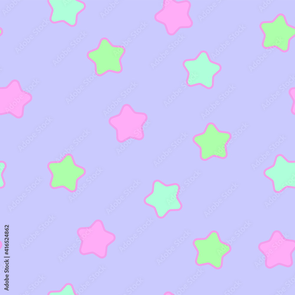 Cute vector purple seamless design in magic style. Wizard anime background with stars on a violet background. Pink, green and indigo star colors. Cute vector purple seamless design in magic style. Wizard anime background with stars on a violet background. Pink, green and indigo star colors.