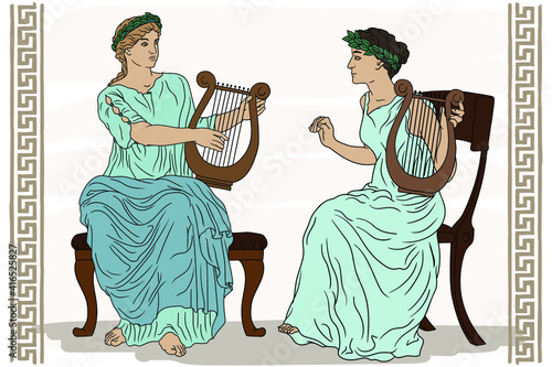 Two ancient Greek women with laurel wreaths on their heads and with harps in their hands are playing music.