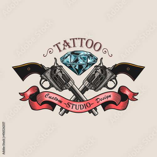 Vintage sticker with crossed guns and diamond vector illustration. Colorful emblem for tattoo studio. Professional and custom design concept can be used for retro template