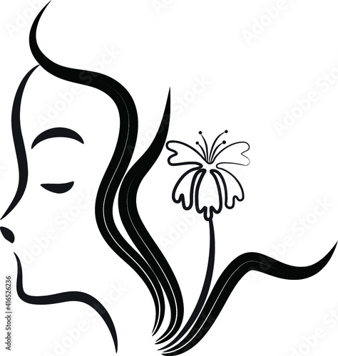 vector Beauty profile face simple lines icon design with flower icon design